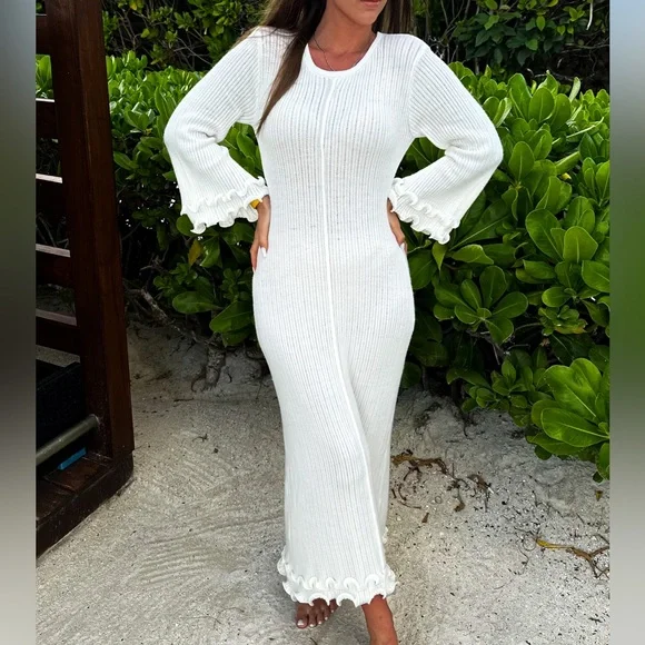 Women’s White Ribbed Maxi Dress with Bell Sleeves - Picture 2 of 2